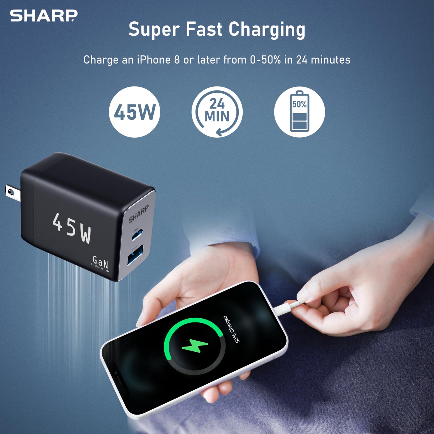 Sharp USB C Charger, 45W, 2 Port (USB A+C) Compact Foldable GaN Fast Charge for iPhone 15/15 Plus/15 Pro/15 Pro Max/14, Galaxy, Pixel 4/3, iPad/iPad