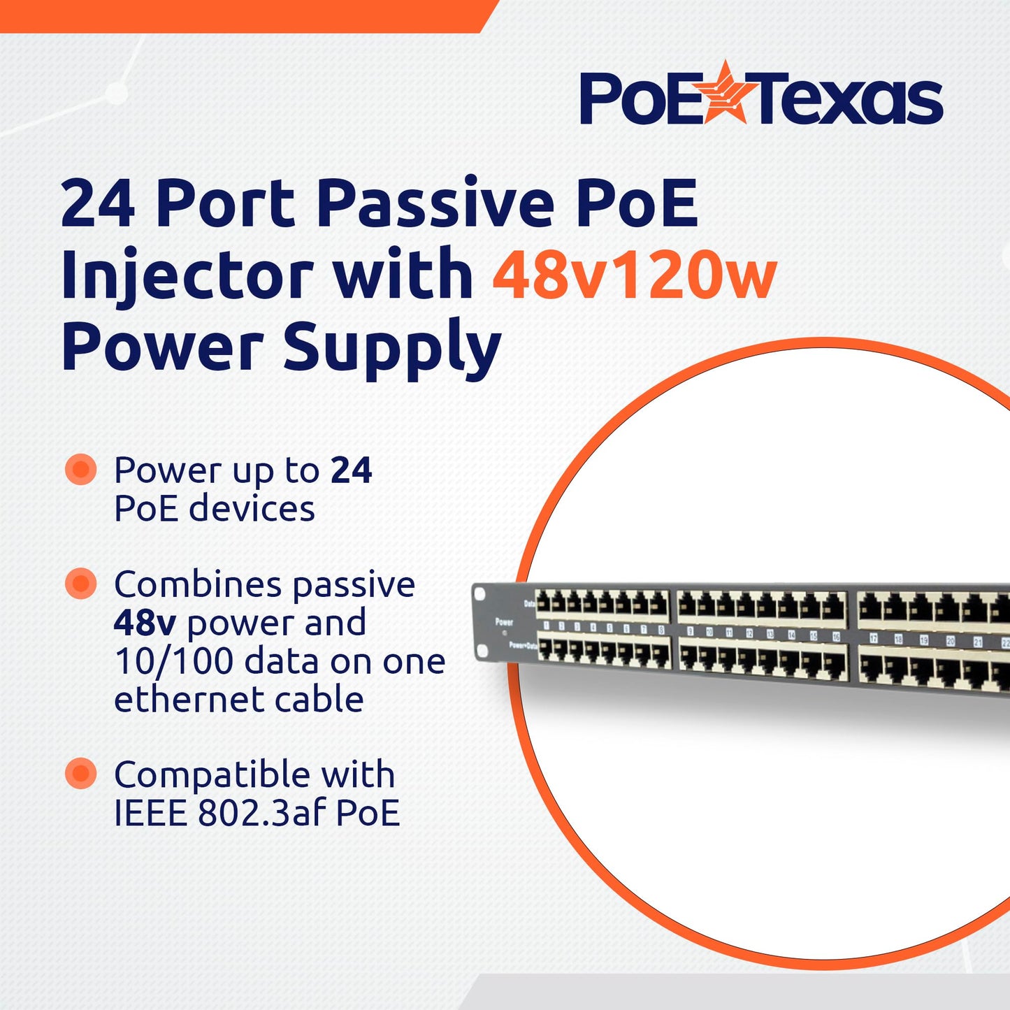 PoE Texas 24 Port PoE Injector with 48v120w Power Supply - 10/100 Data - Rack Mount - Add Passive Mode B 802.3af PoE to a Non PoE Switch for VoIP