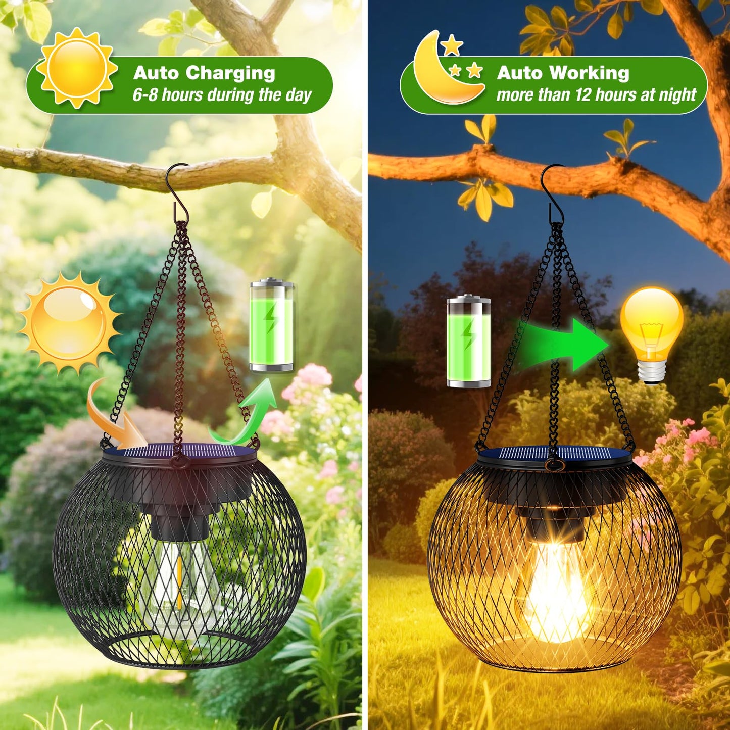 TANCUZO Solar Lanterns Outdoor Waterproof 4 Pack, Upgraded Metal Solar Hanging Lights with Hooks & Auto On/Off, Brighter Warm Outdoor Hanging Lantern