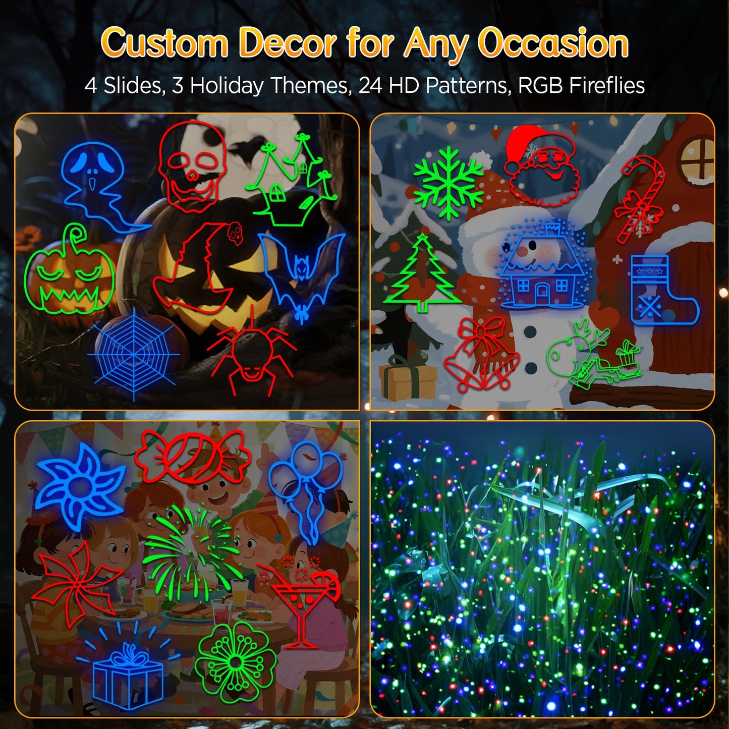 Christmas Lights Projector Outdoor, 2-in-1 Holiday Light Projector with 4 Slides & 8 Brighter HD Patterns, Moving RGB Firefly Effects Light