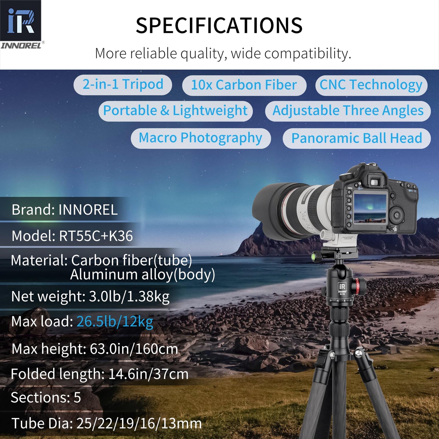 10 Layers Carbon Fiber Travel Tripod Monopod-INNOREL RT55C with 36mm Panoramic Ball Head 360 Degree and Carrying Case Professional Lightweight Compact