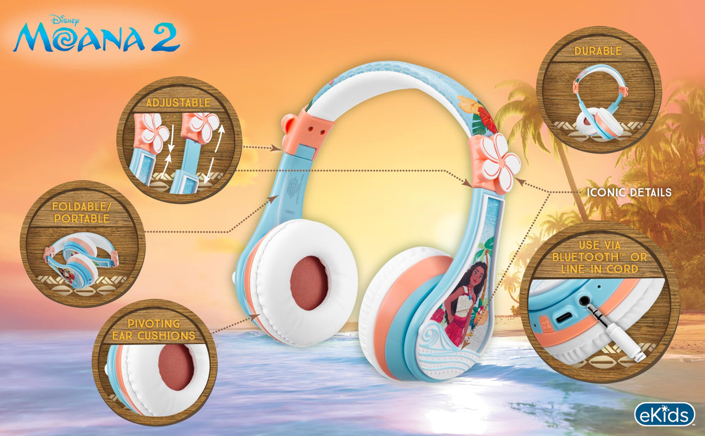 Disney Moana 2 Bluetooth Headphones for Kids Wireless Headphones for School