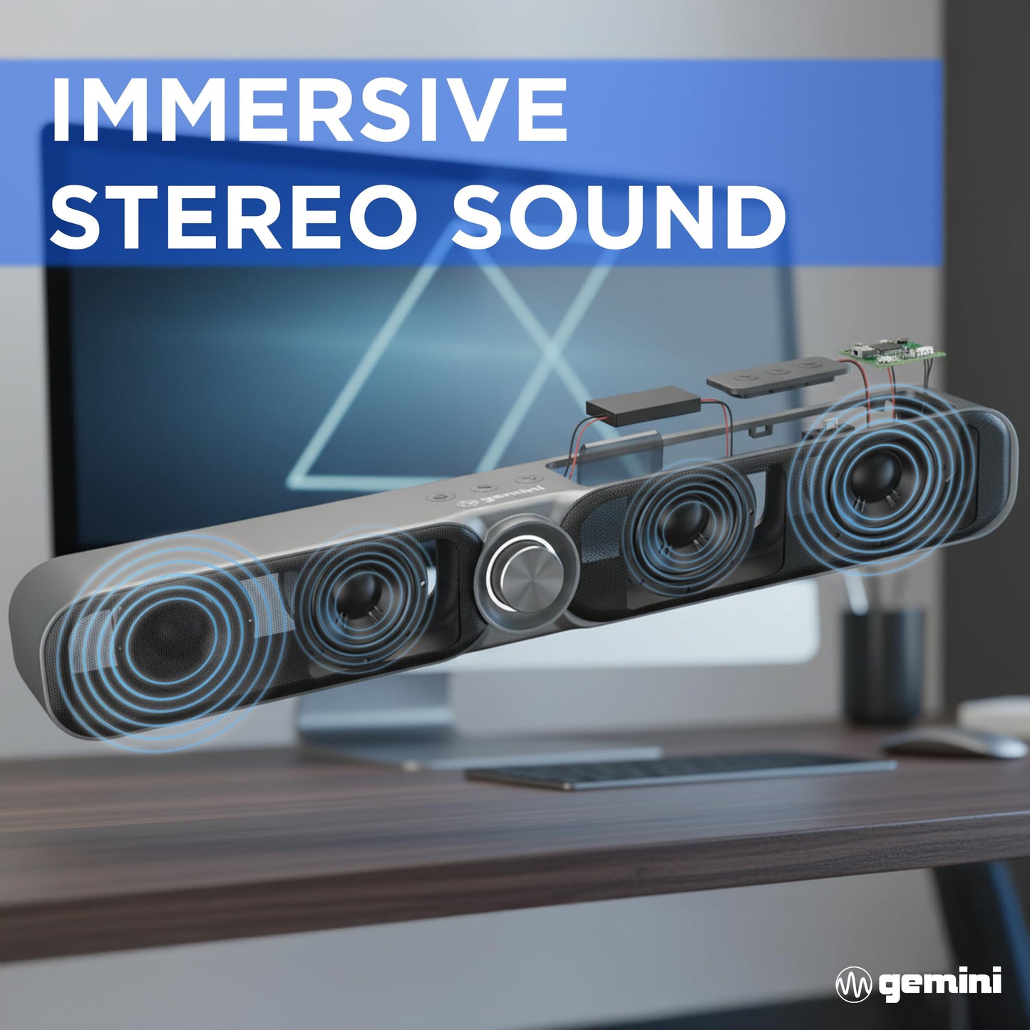 Gemini Portable Battery-Powered Bluetooth Soundbar with Built-in FM Radio, USB & microSD - Wireless Speaker for Gaming, Desk, TV & Bedroom (GSBR-20)