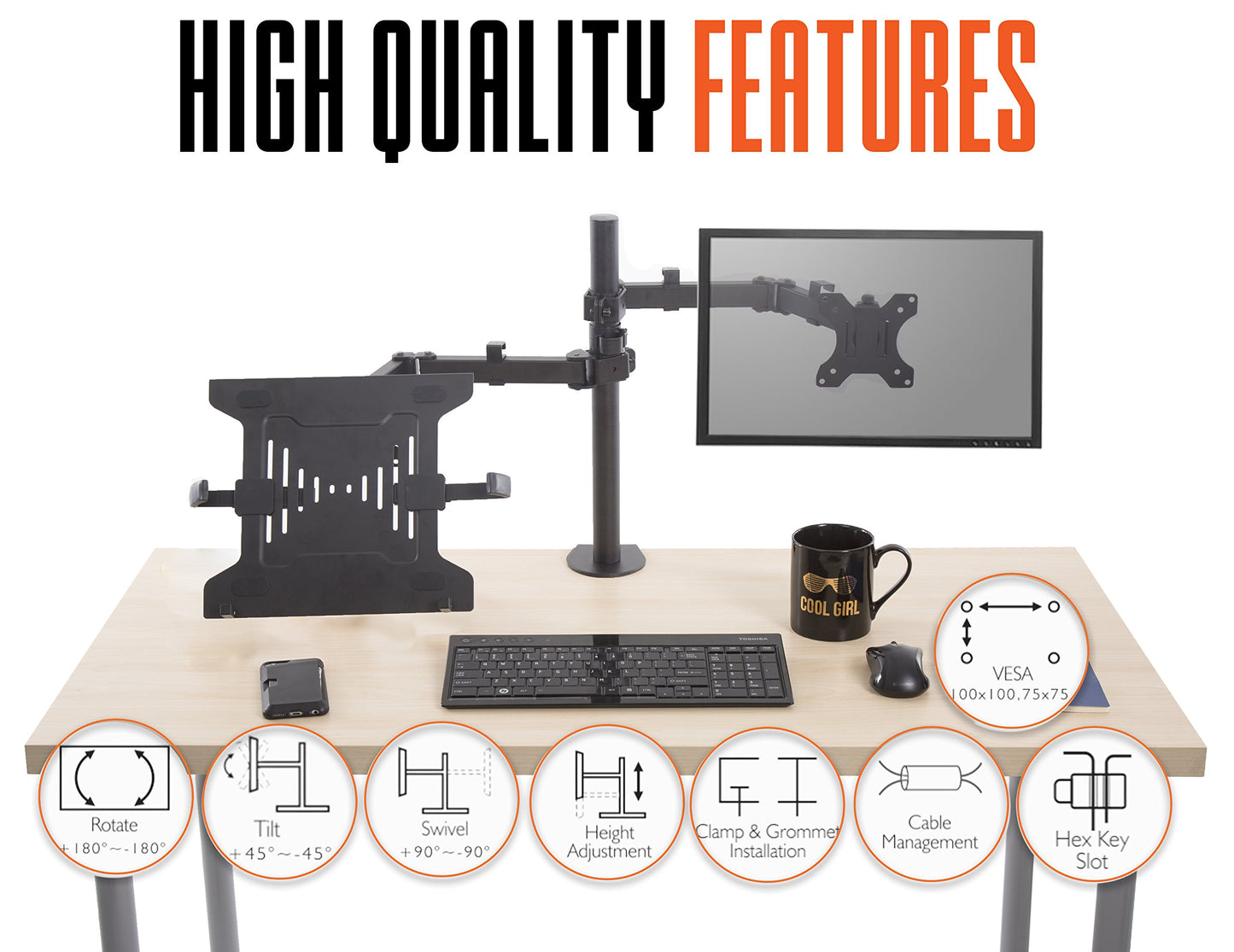 Stand Steady Monitor Mount + Laptop Stand | Height Adjustable Monitor and Keyboard Stand with Full Articulation and Desk Clamp Or Grommet | VESA Mount