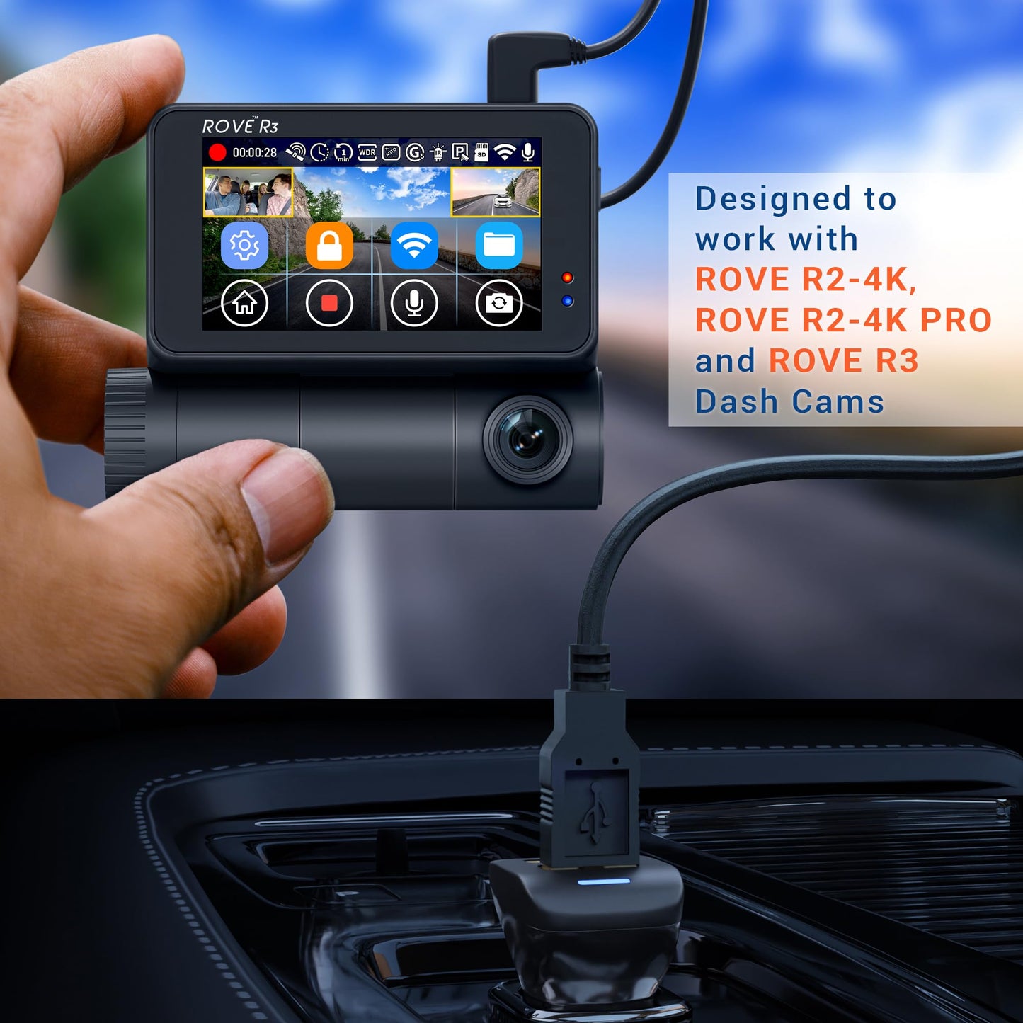ROVE Ultimate 12ft USB-C Car Charging Power Cable R3, R2-4K (USB- C Port), and R2-4K PRO Dash Cam | Check Compatibility Image Before Purchasing