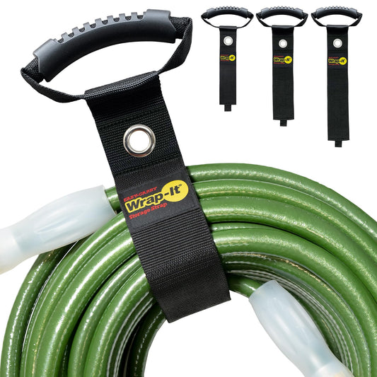 Easy-Carry Wrap-It Storage Straps - Assorted 3-Pack Black with Grommet - Power Cord Organizer Carrying Straps for RV Hose Storage and Accessories
