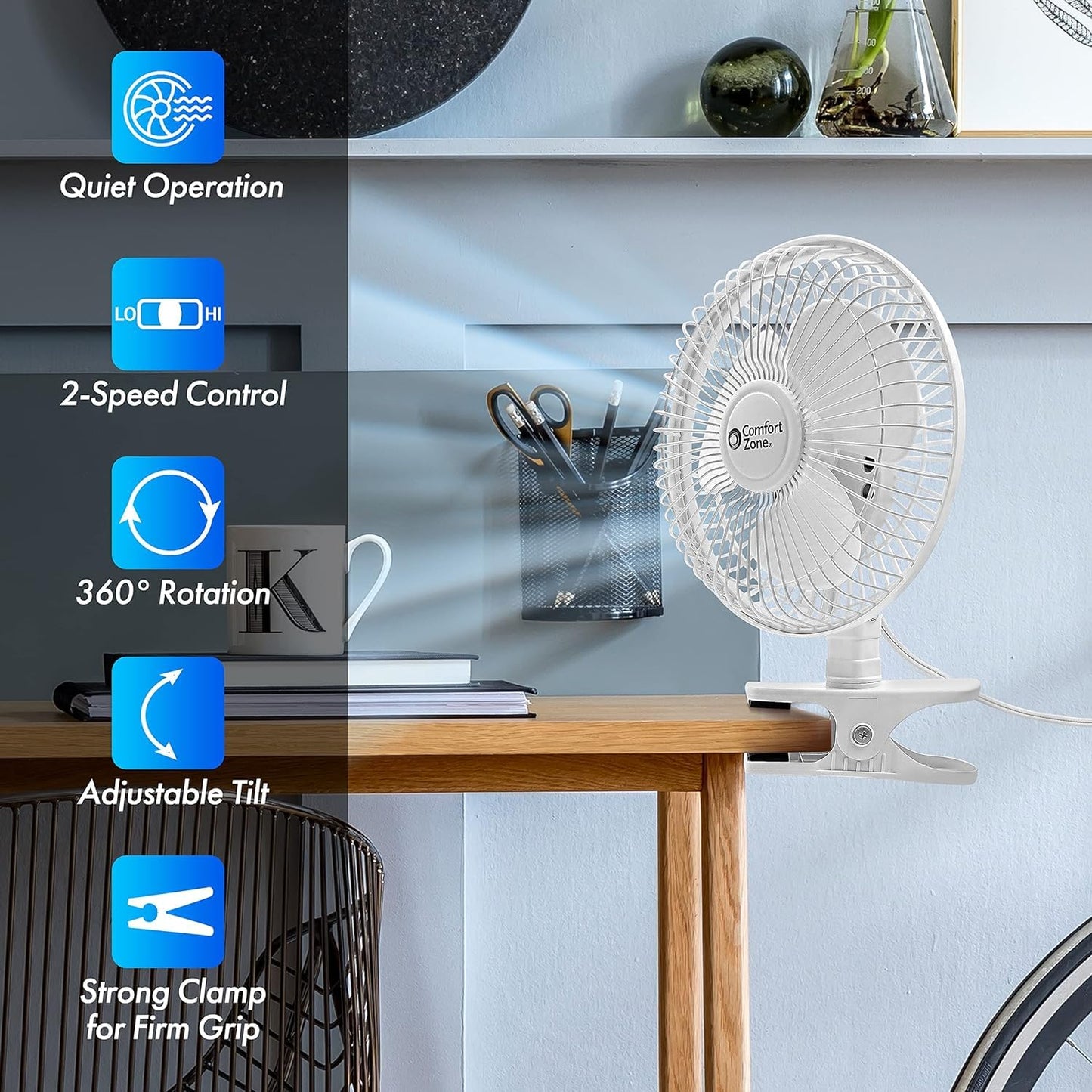 Comfort Zone 6-Inch Corded Clip-On Personal Fan - 2-Speed Quiet Desk Fan with 360° Rotation, Fully Adjustable Tilt & Secure Strong Clamp - Mini Air