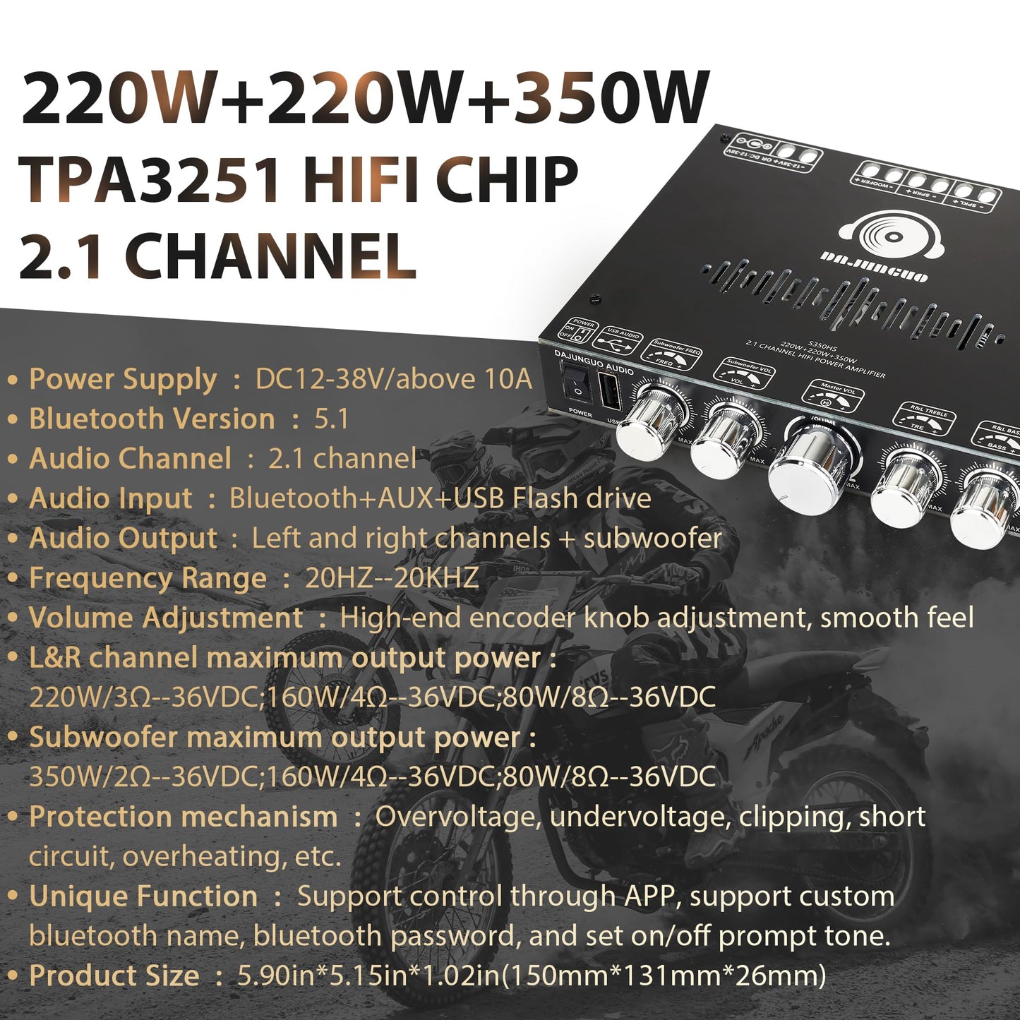 S350HS TPA3251 Bluetooth Power Amplifier Board with Subwoofer 2.1 Channel 220W×2+350W, 12V-38V Audio Power Amplifier Module with Treble and Bass