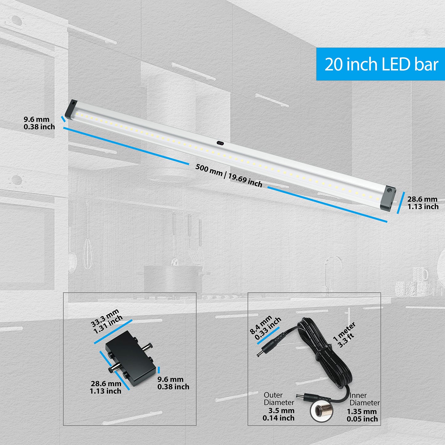 EShine Extra Long 20 inch LED Dimmable Under Cabinet Lighting Strip with Hand Wave Motion Sensor, Black, with Accessories (No Power Supply Included)