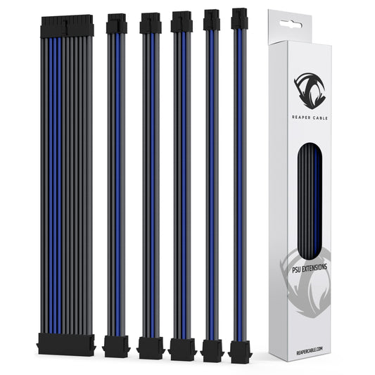 Reaper Cable Sleeved PSU Extension Set - Power Supply Extensions - 24/8/6/4+4 Pin - with Combs - 30cm (Carbon & Electric Blue)