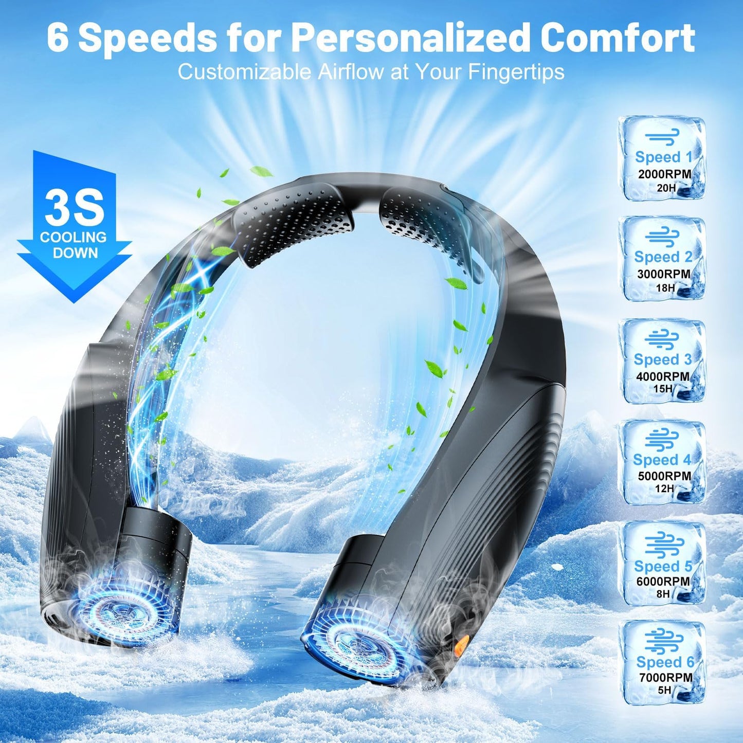 Portable Neck Fan with 6 Powerful Speeds, 8000mAh Battery Rechargeable Fan
