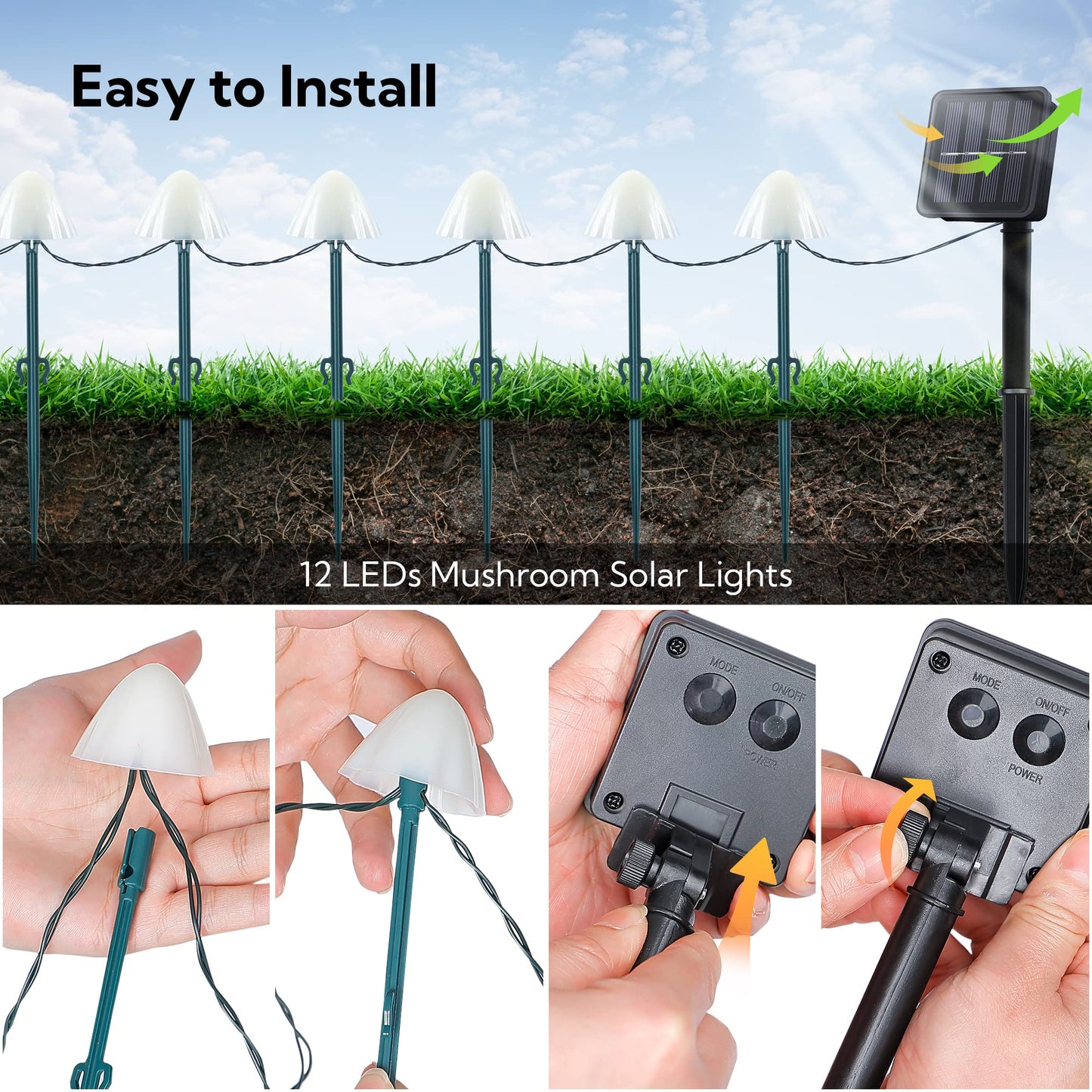 Pellimo Solar Garden Lights, 12 LED 14.5ft Mini Mushroom Solar Lights Outdoor Waterproof, 2 Modes Lighted Mushroom Shaped Pathway Light for Patio Yard