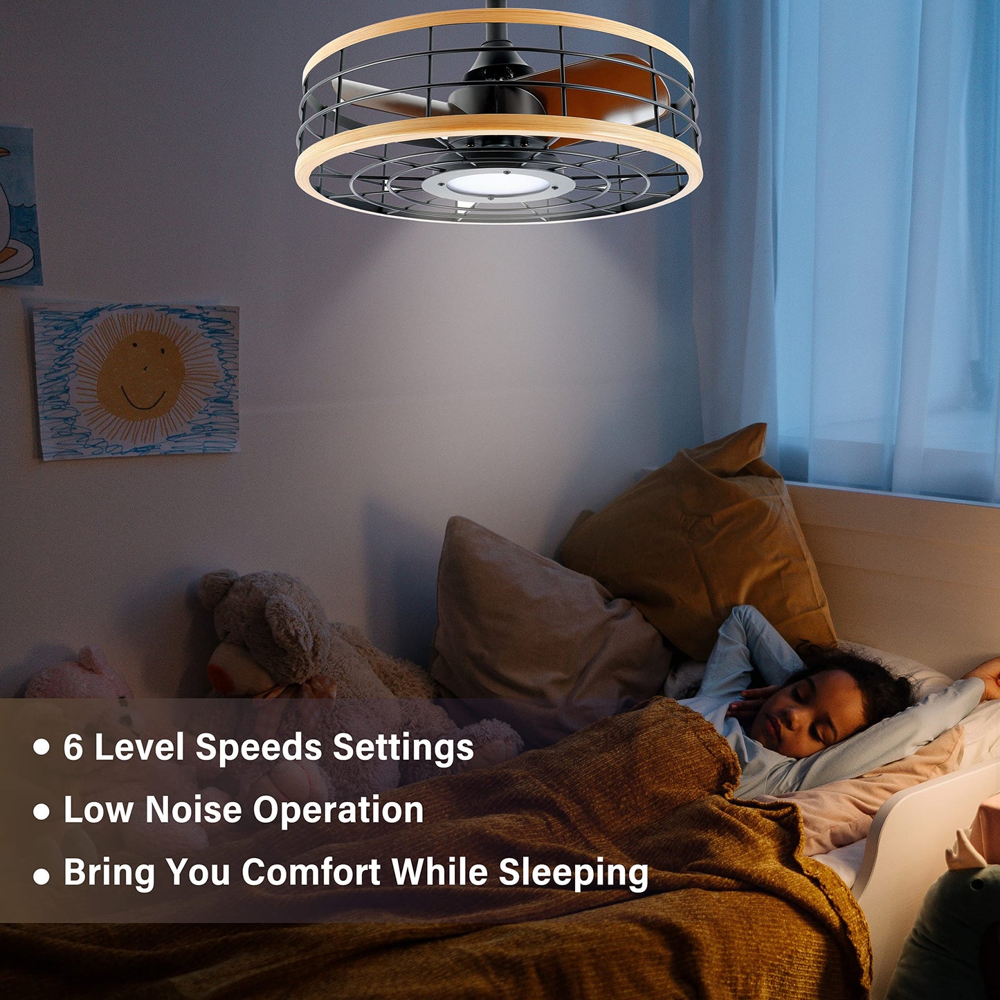 InfiniPower 16” ceiling fans with lights and remote, Caged Ceiling Fan with Reversible Motor for Different Seasons, Quiet and Energy Saving, 6 level