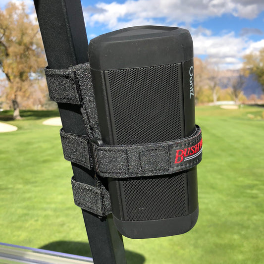 Bushwhacker Portable Mount for Bluetooth Speakers on Golf Cart Railing - Adjustable Non-Slip Strap Holder for Bike Frames Scooters Boats Strollers