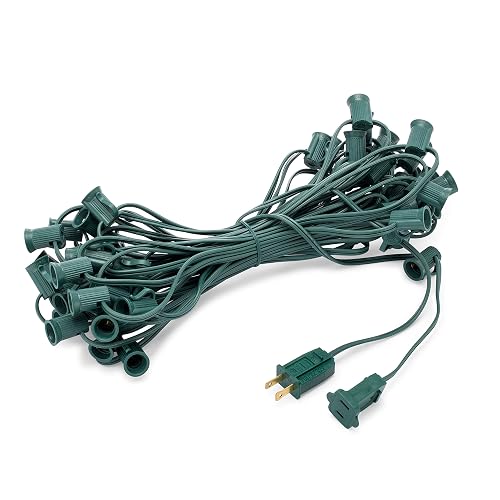 HLO Lighting C7 Light Strings | 50' Green Cord with 12" Socket Spacing, E12 Light Stringer for C7 Christmas Lights