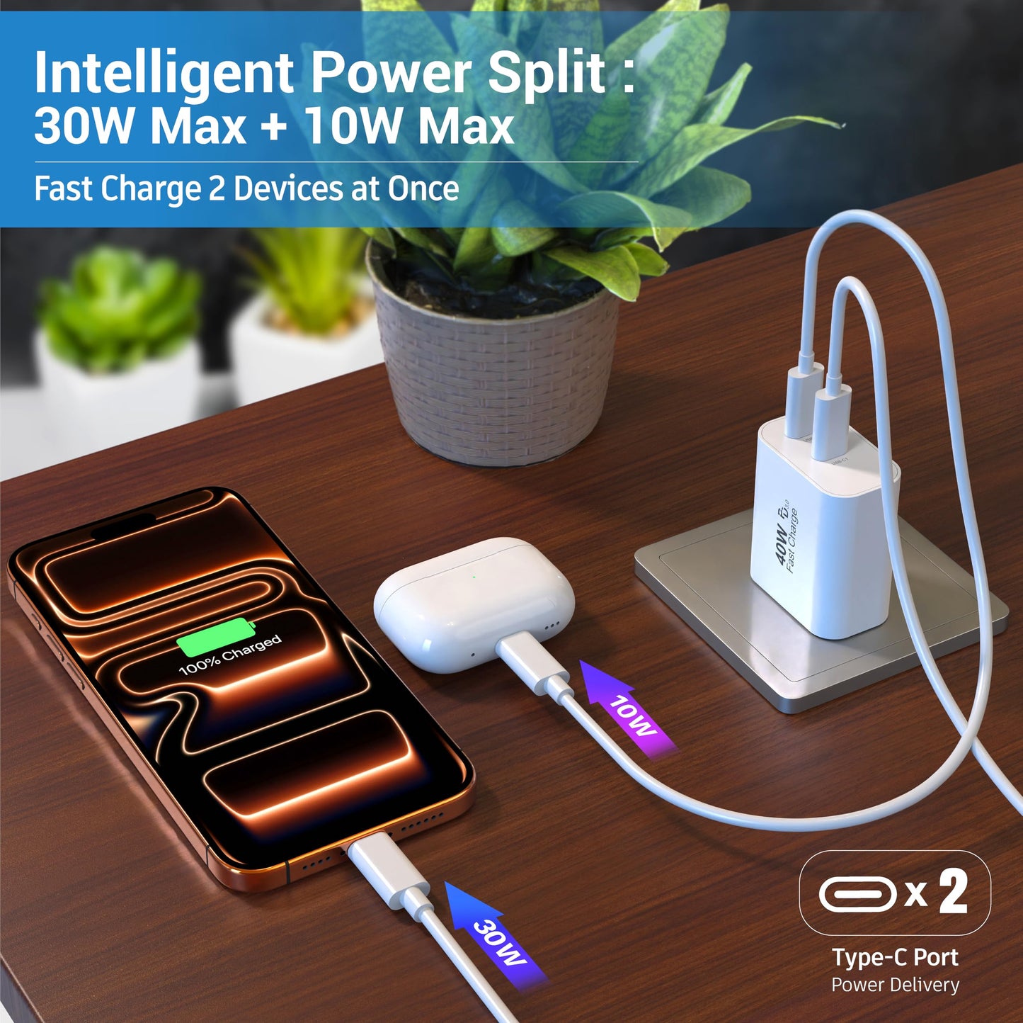 TT&C 40W Dual USB C Charger Block [2-Pack] with 10ft Type C Cables, PD Fast Charger Power Adapter Fast Charging Compatible with iPhone 17, 16, 15 Pro