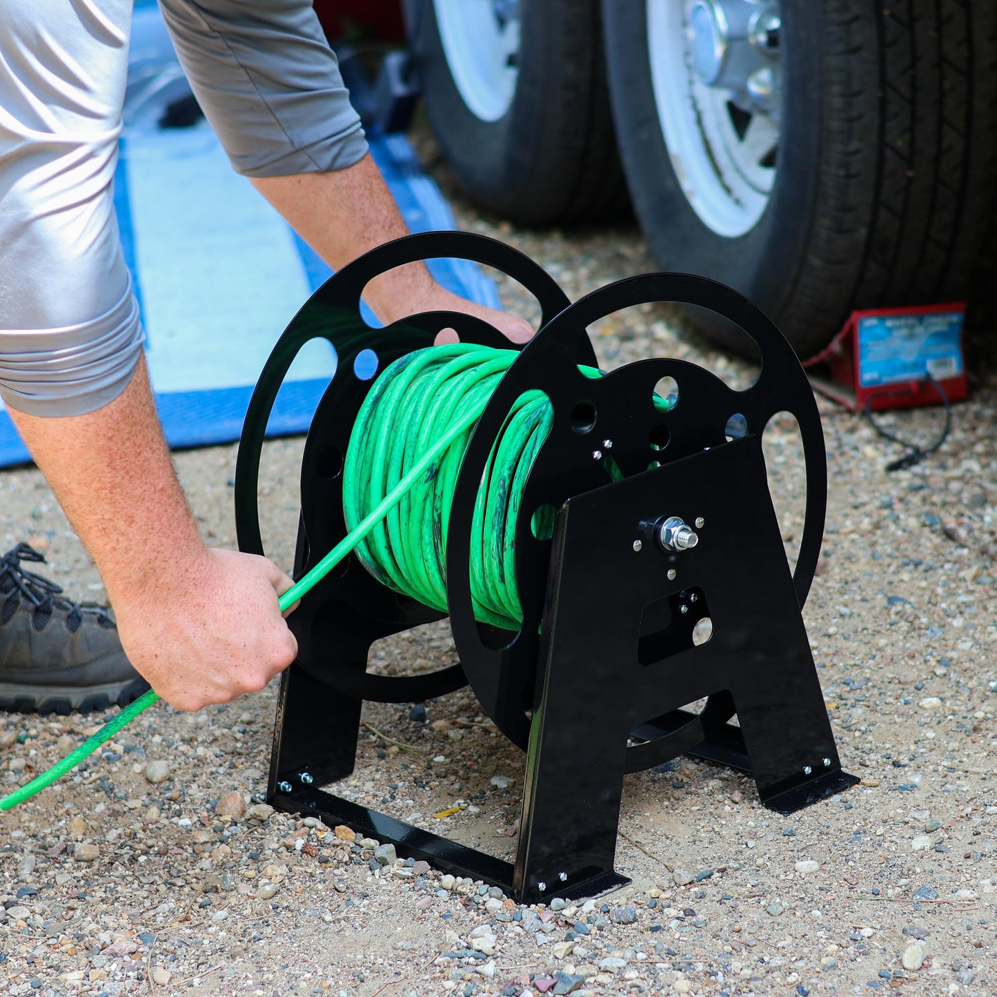 Dumble RV Extension Cord Reel Stand - 50-100ft Black Steel RV Electrical Cord Roll Up or Camper Hose Organizer Spool