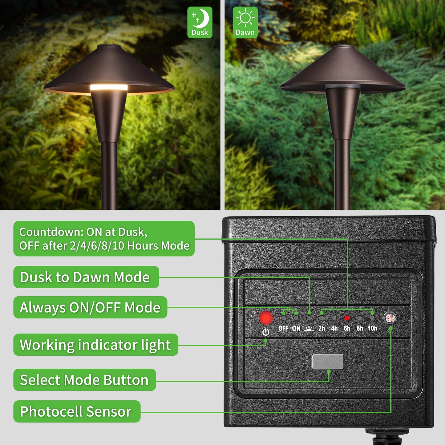 QITIM 60W Low Voltage Landscape Transformer with Timer and Photocell Sensor, 120V AC to 12V DC, Dusk to Dawn and 2/4/6/8/10 Countdown Timer