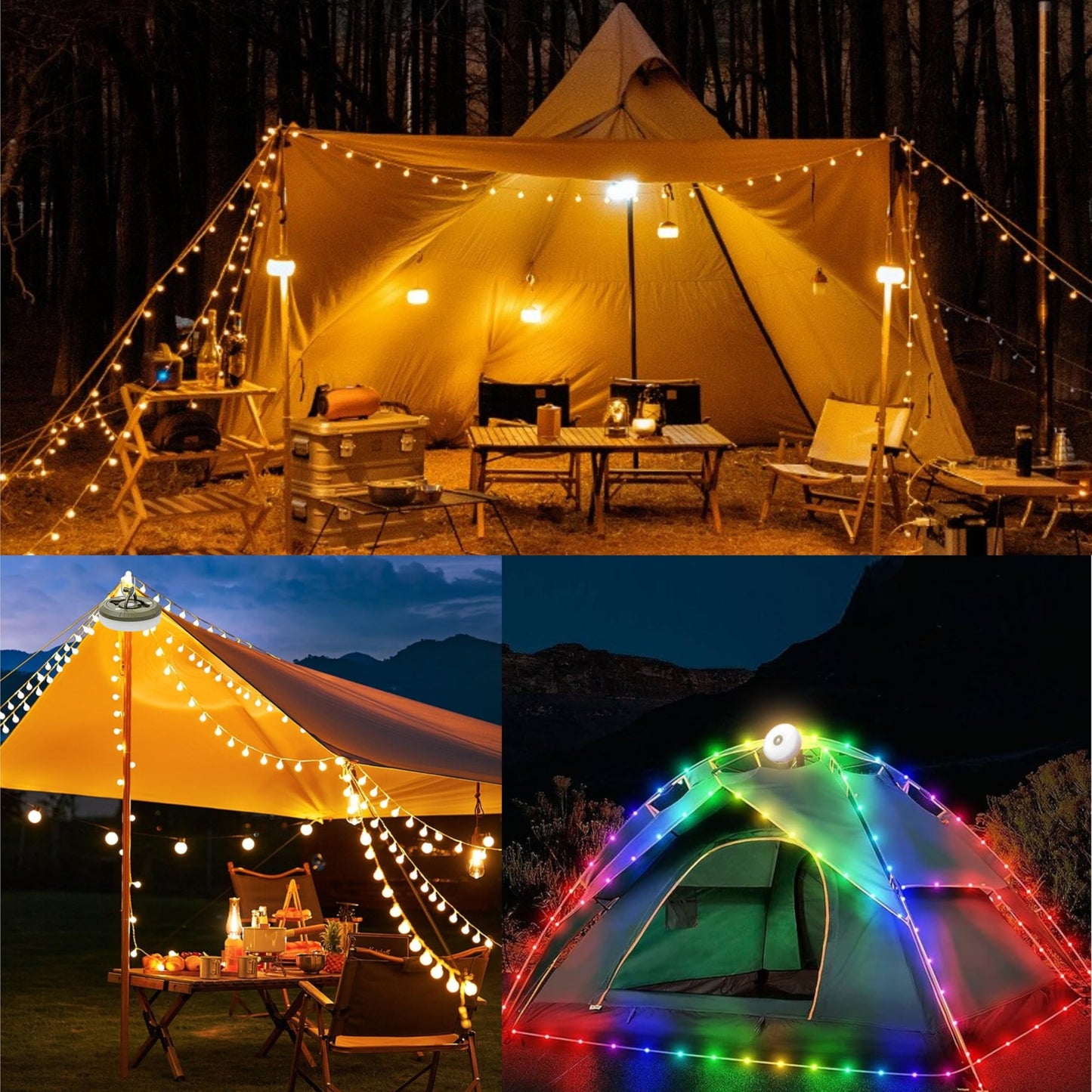 Camping String Lights,Camping Essentials Gear 32.8FT Lamp Lights Waterproof, 4 in 1 Outdoor String Lights with 8 Modes for Awn Tent Yard Garden Hiking