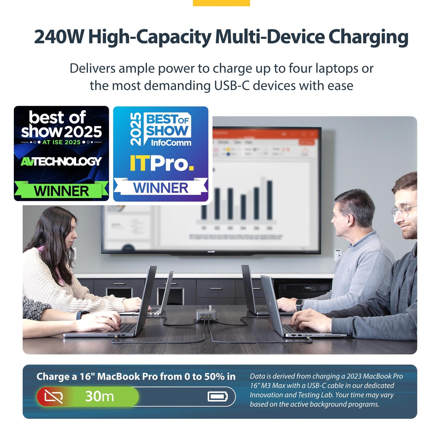 StarTech.com 4-Port USB-C Charging Station, 240W GaN Charger Block for MacBook Pro/Air, iPhone 16/15/Pro, iPad Pro, Dell XPS, Pixel and More