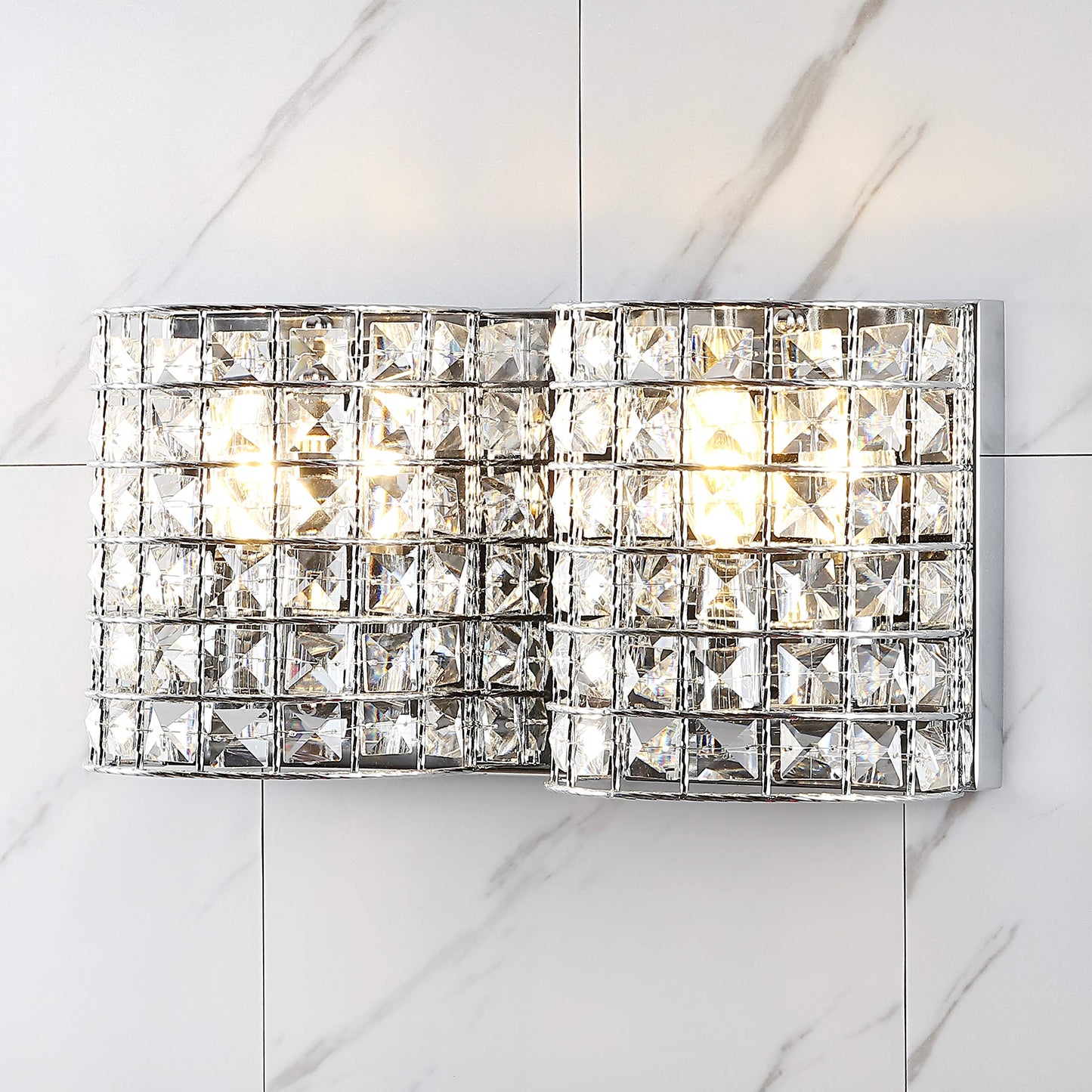 JONATHAN Y 15" Chrome Modern LED Vanity Light Sconce for Bathroom Decor, 2-Light, Clear Crystal Shade, Glam Wall Lighting for Hallway Entryway, LED