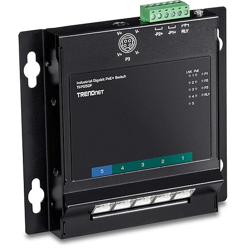 TRENDnet 5-Port Industrial Gigabit PoE+ Wall-Mounted Front Access Switch, TI-PG50F, Ethernet Splitter, 120W Power Budget, NDAA & TAA Compliant
