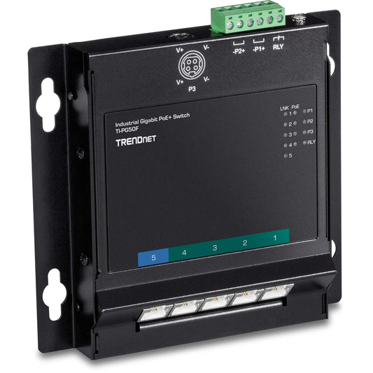 TRENDnet 5-Port Industrial Gigabit PoE+ Wall-Mounted Front Access Switch, TI-PG50F, Ethernet Splitter, 120W Power Budget, NDAA & TAA Compliant