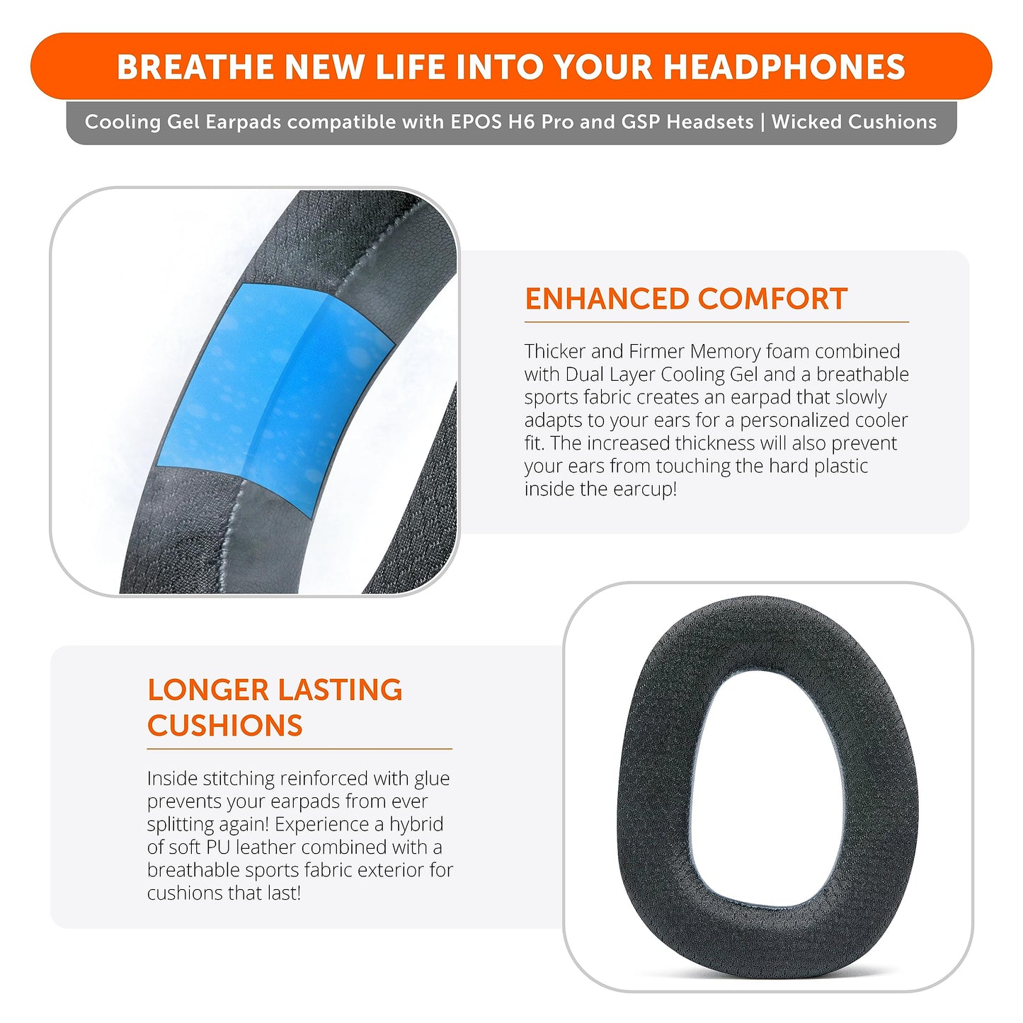 WC Freeze EPOS H6 Pro - Cooling Gel Earpads for EPOS H6 Pro/Sennheiser GSP 600 / GSP500 / GSP550 / GSP670, Made by Wicked Cushions - Enhance Comfort
