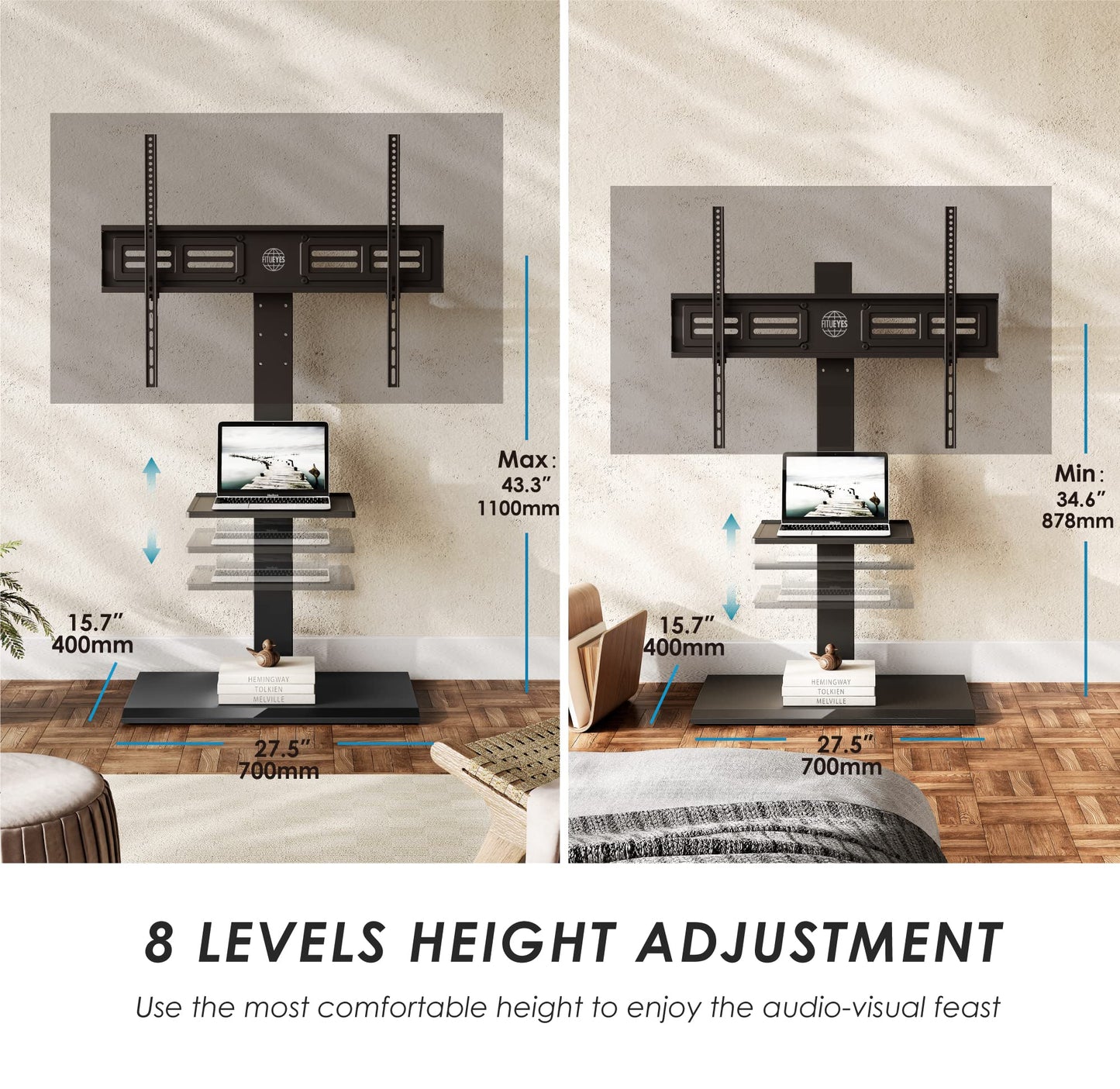 FITUEYES Floor TV Stand Iron Base with Swivel Mount for 50-85 Inch Large LCD/LED TVs Adjustable Shelf Tall Corner TV Stands for Bedroom and Living