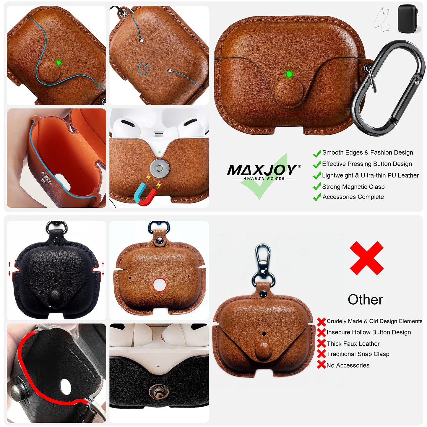 Maxjoy for AirPods Pro 2 Case Leather, Airpods Pro Leather Case Cover with Keychain Airpod Strap Compatible with Apple Airpod Pros 2nd Generation 2023