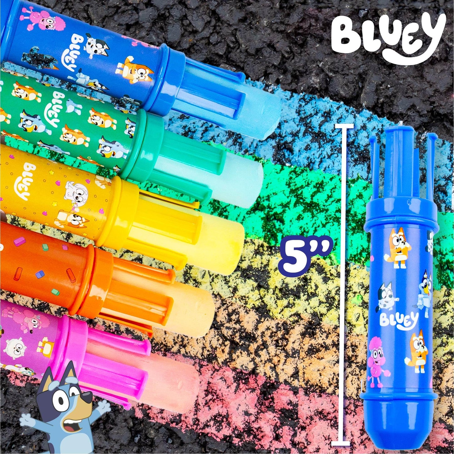 Official Bluey Chalk Art, 5-Pack, Vibrant Sidewalk Chalk For Kids, Includes 5 Chalks, Chalk Holders & Reusable Stencil, Outside Toys for Toddlers…
