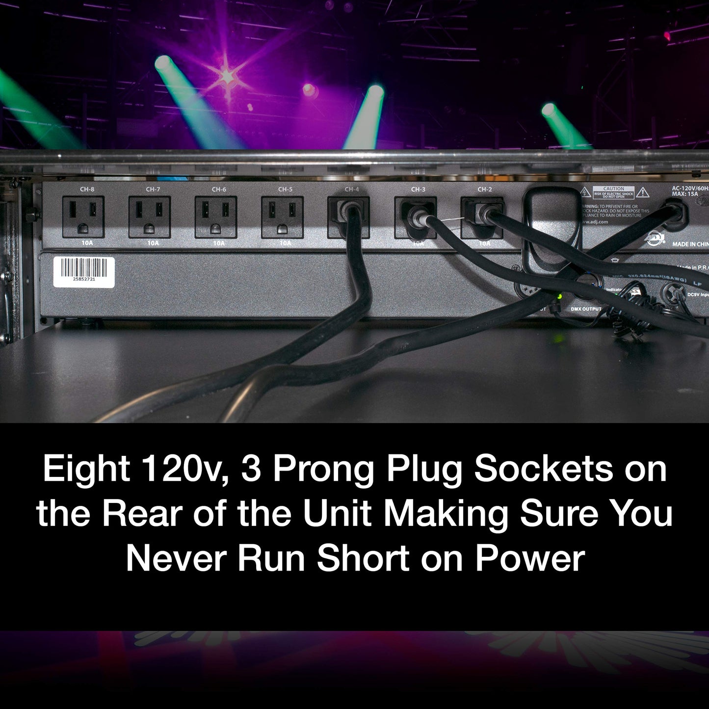 ADJ PC100A power strip single rack space unit with 8 on off lighted toggle switches and 15 amp breaker