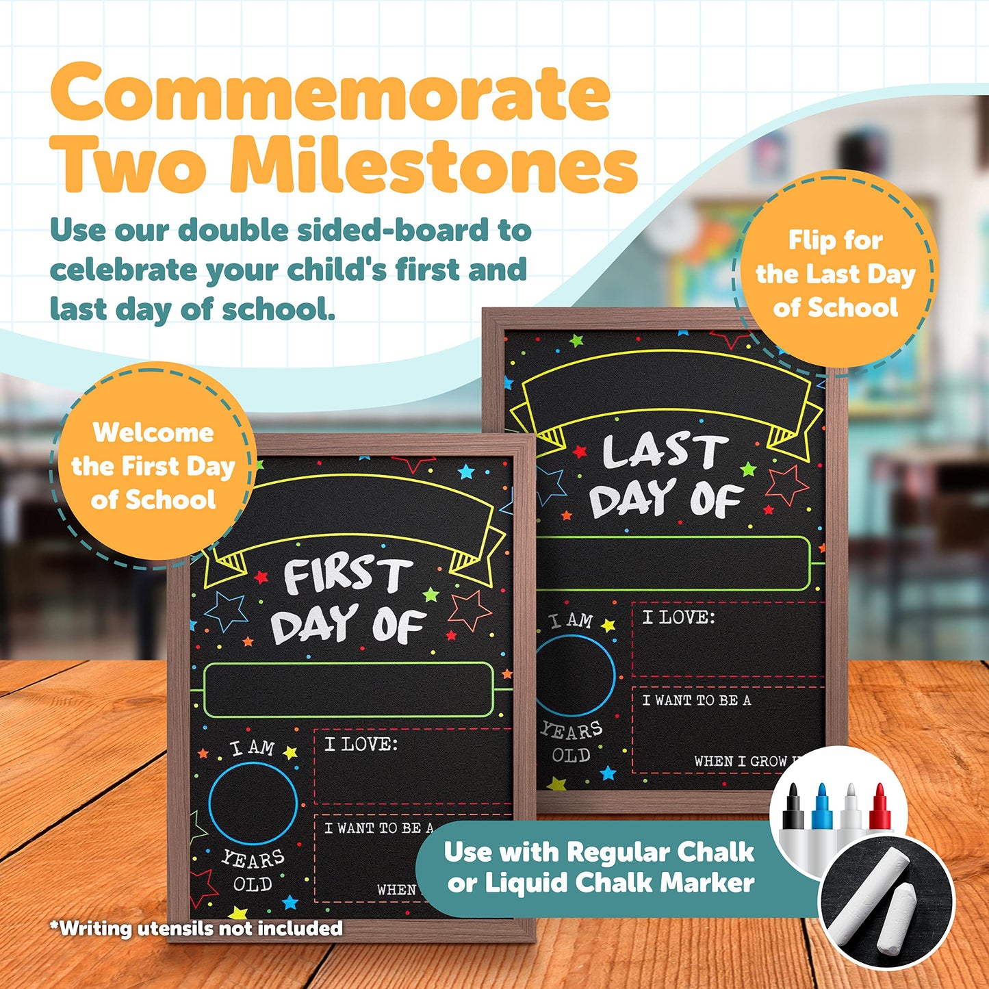First Day Last Day of School Chalkboard - Sign with Frame - 14" x 10"