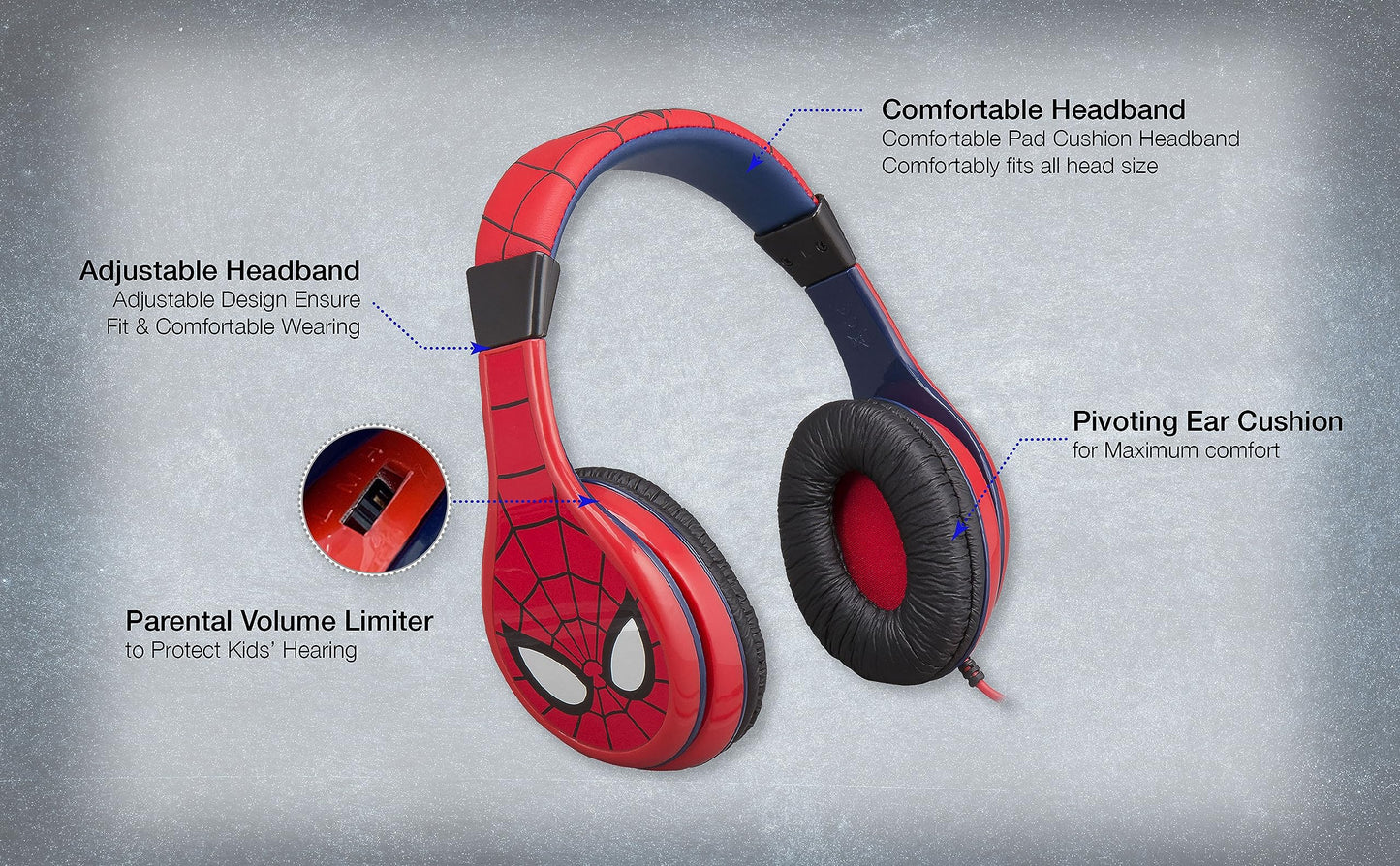 eKids Spiderman Kids Headphones, Adjustable Headband, Stereo Sound, 3.5Mm Jack, Wired, Tangle-Free, Volume Control, Childrens Headphones Over Ear…