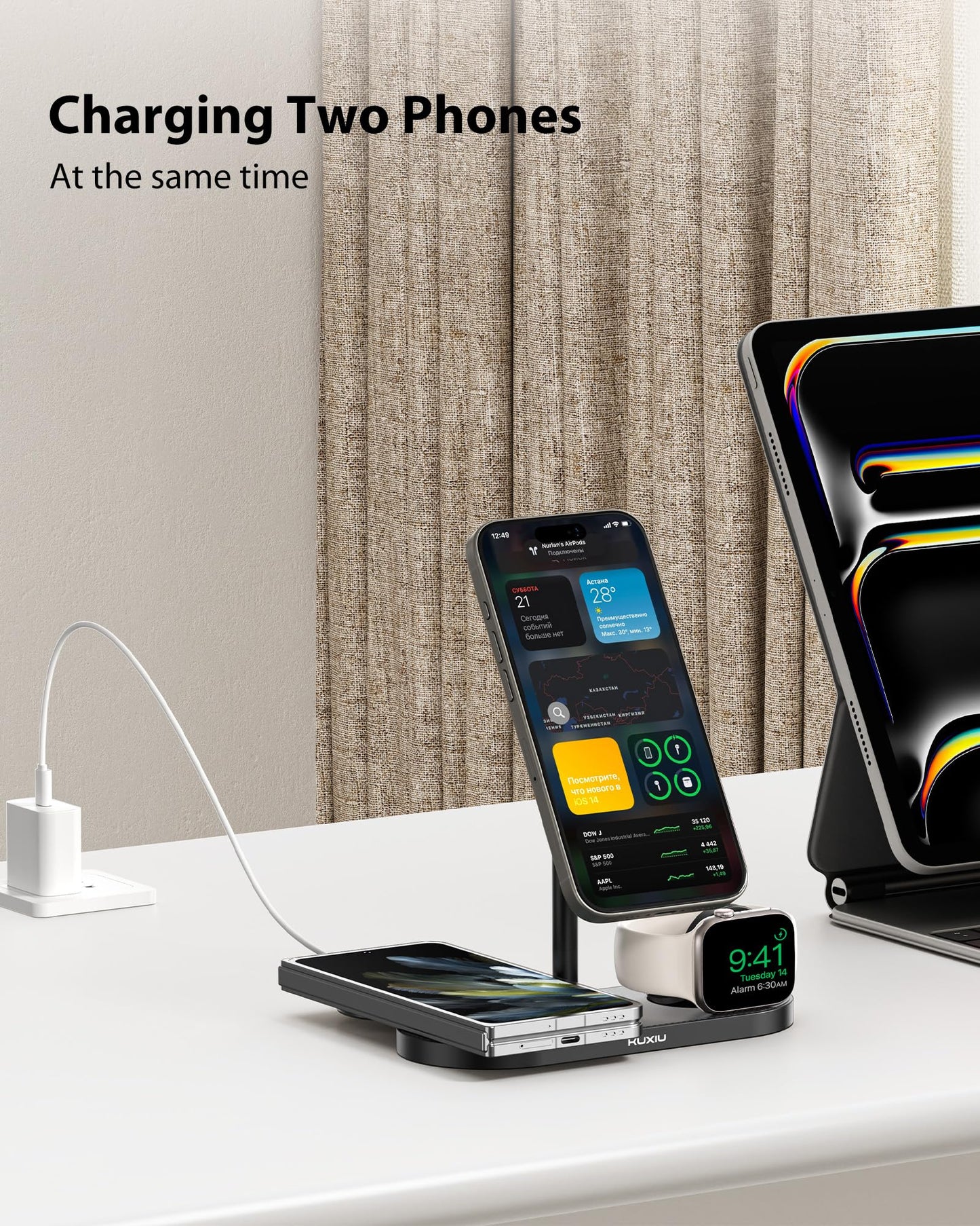 KU XIU Aluminum Alloy 3 in 1 Charging Station for Apple, Magnetic Wireless Charger Stand for iPhone 16/15/14/13/12 Series, 5W Fast Wireless Travel