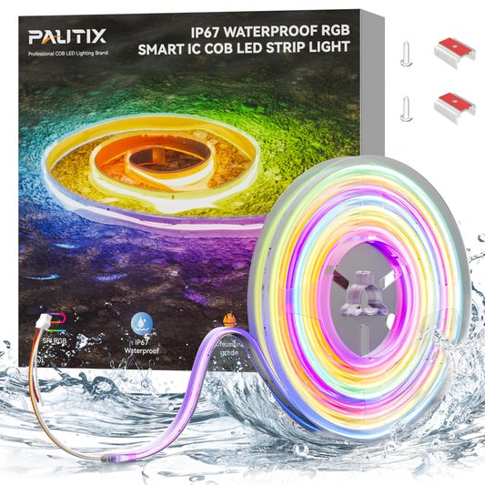 PAUTIX IP67 Waterproof RGB Smart IC COB LED Strip Light, Chasing Color RGB COB LED Lights, UL-Listed Addressable 24V Multicolor 16.4ft, for Outdoor
