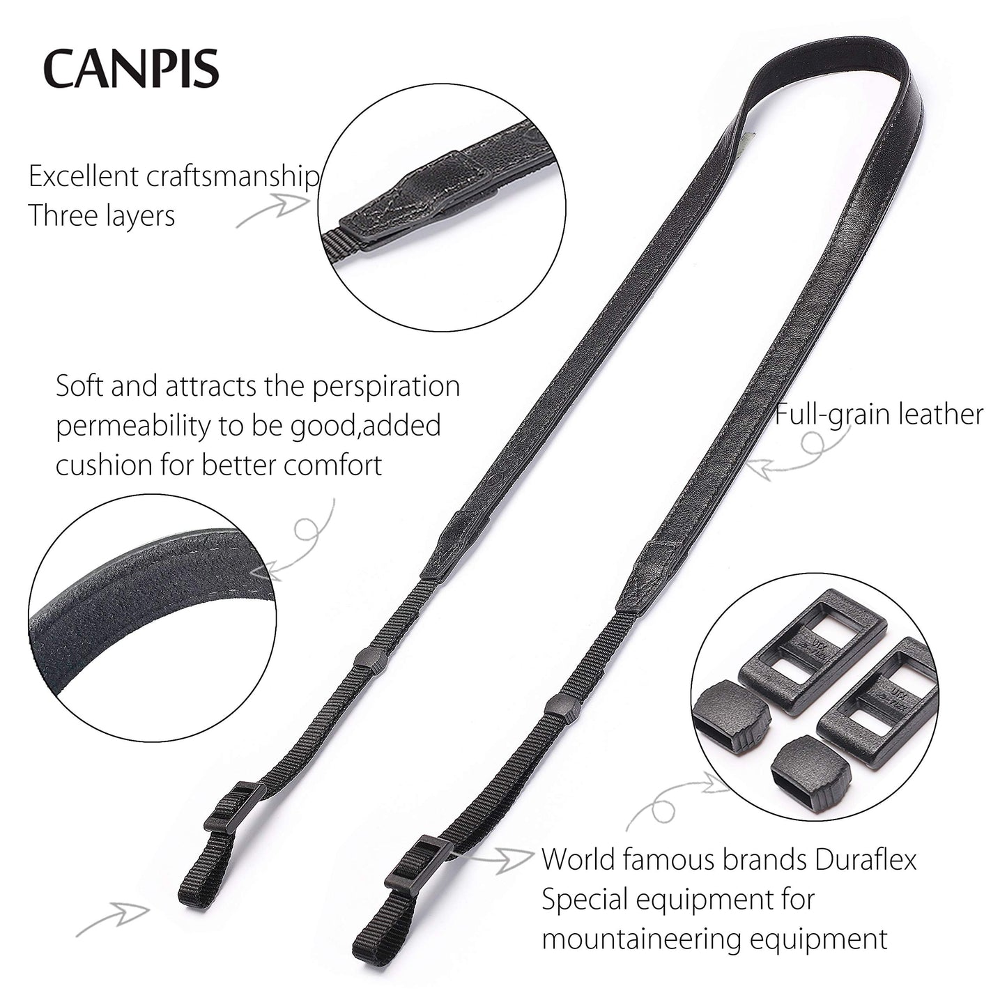 CANPIS CP008 Leather Camera Shoulder Neck Strap compatible with Canon Nikon Leica Fuji Sony Olympus etc. Black Color, Adjustable Length, Slim