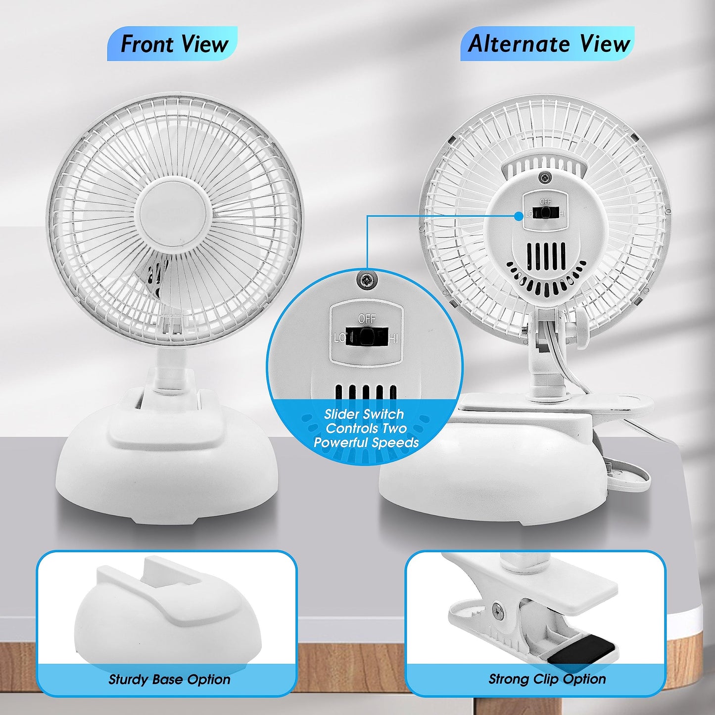 EZ-CHILL Personal Clip or Desk Fan with Removable Base, Portable Mini Bedroom Fan, 6 inch, 2 Speed, Strong Clamp, Firm Grip, Airflow 6.53 ft/sec