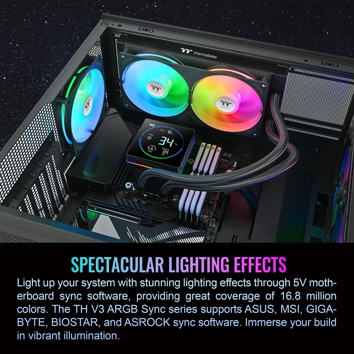 Thermaltake TH240-S V3 ARGB CPU Liquid Cooler; Intel/AMD; 1x240mm 500~2500rpm Single Frame ARGB Fan; 3.95" Segment Code LCD; Rotatable Pump Head; TT