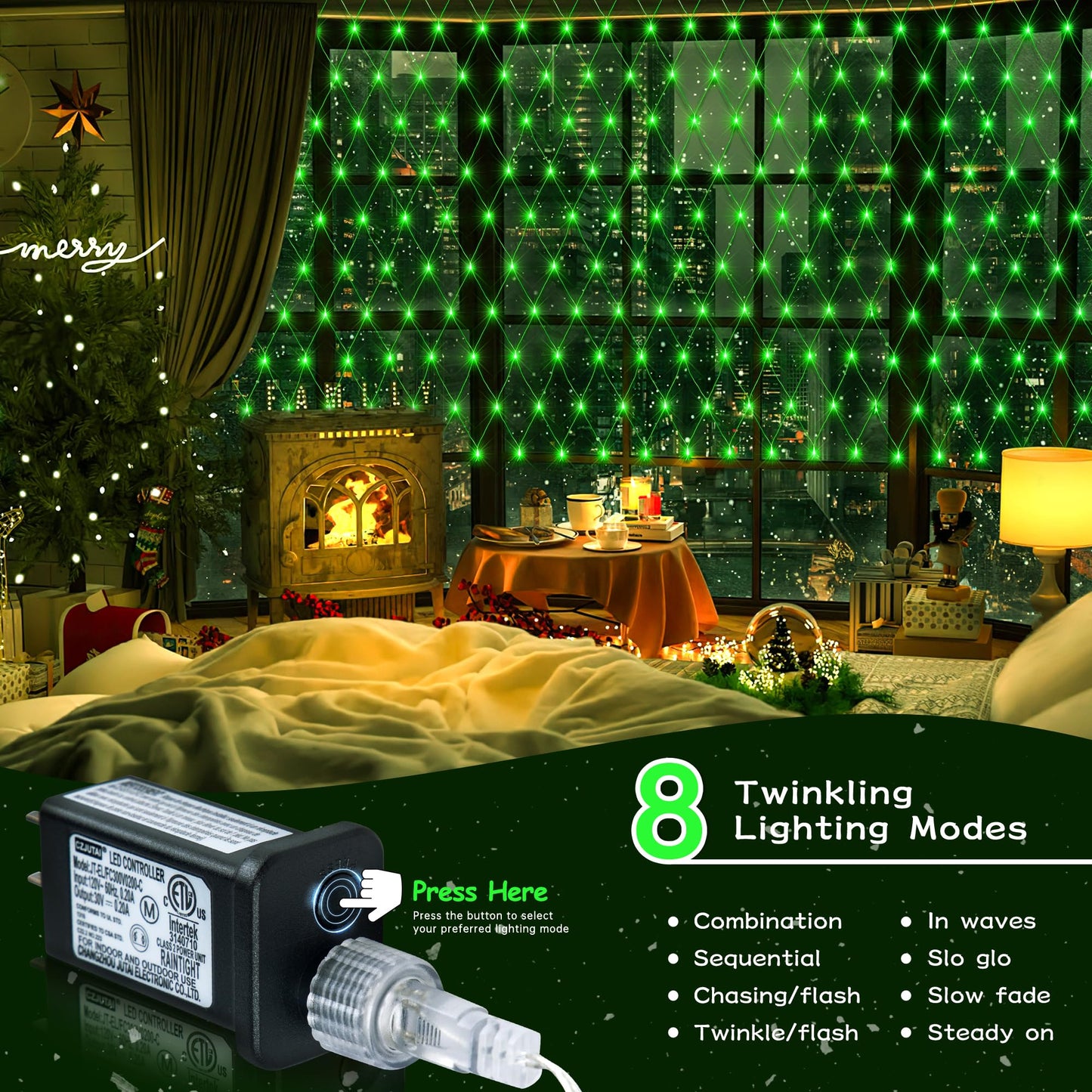 oopswow 9.8ft x 6.6ft 192 LED Christmas Net Lights,8 Modes 30V Low Voltage Mesh Fairy String Lights for Christmas Trees, Bushes, Wedding, Garden