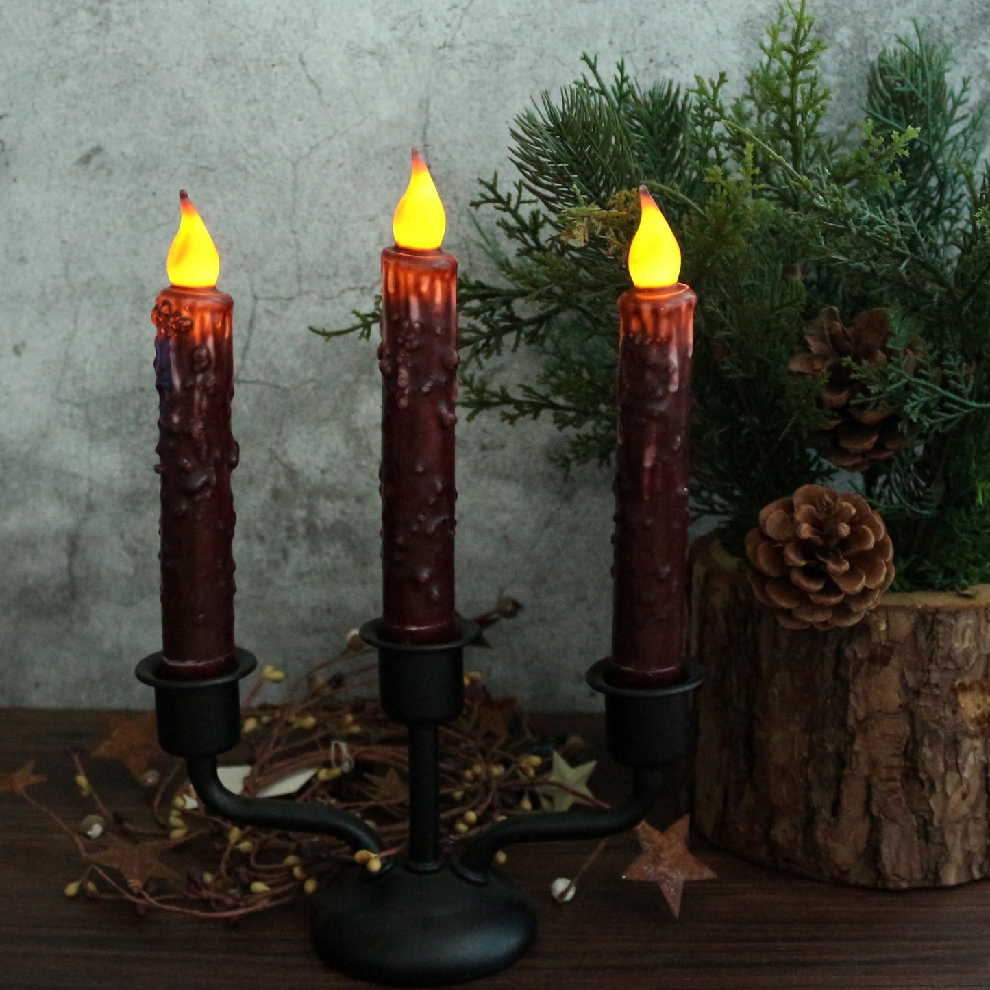 CVHOMEDECO. Real Wax Hand Dipped Battery Operated LED Timer Taper Candles Country Primitive Flameless Lights Décor, 6-3/4 Inch, Burgundy, 2 PCS in a