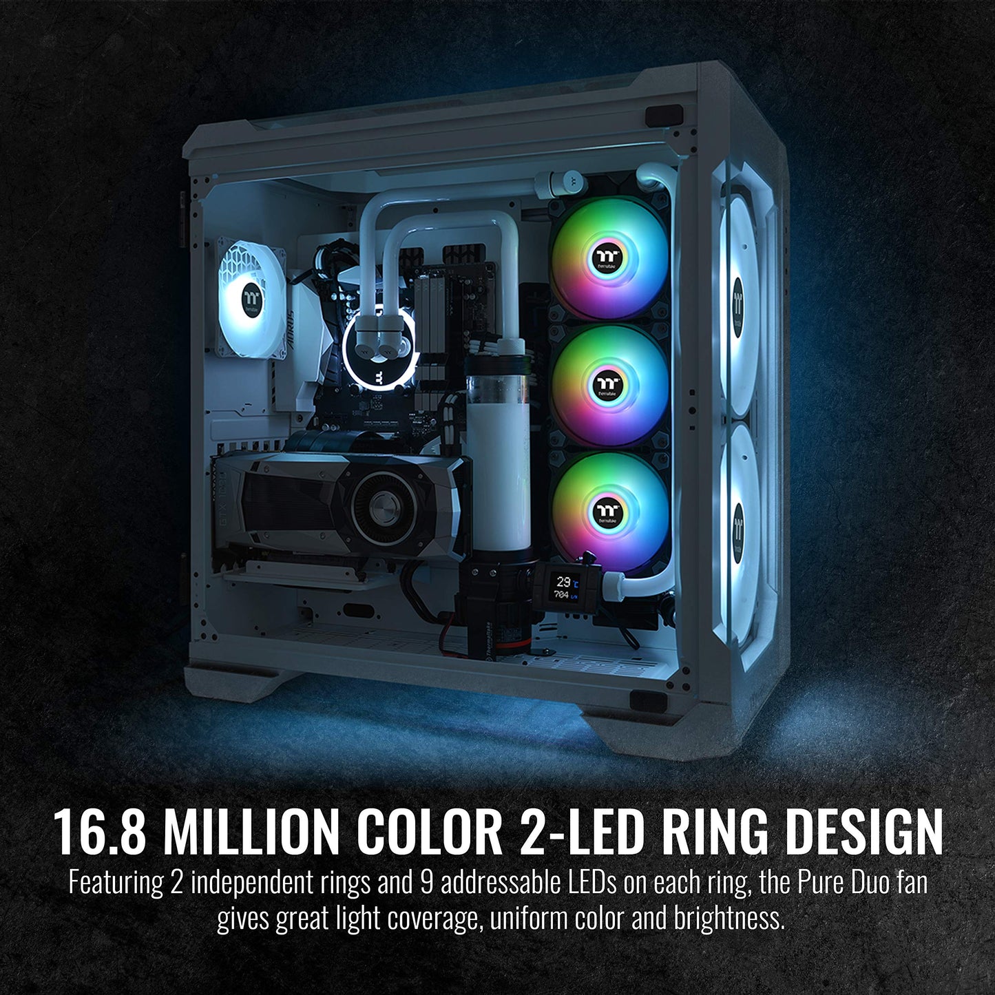 Thermaltake Pure Duo 120mm 16.8 Million RGB Color 5V ARGB Motherboard Sync 2 Light Rings 18 Addressable LED 9 Blades Hydraulic Bearing Case/Radiator