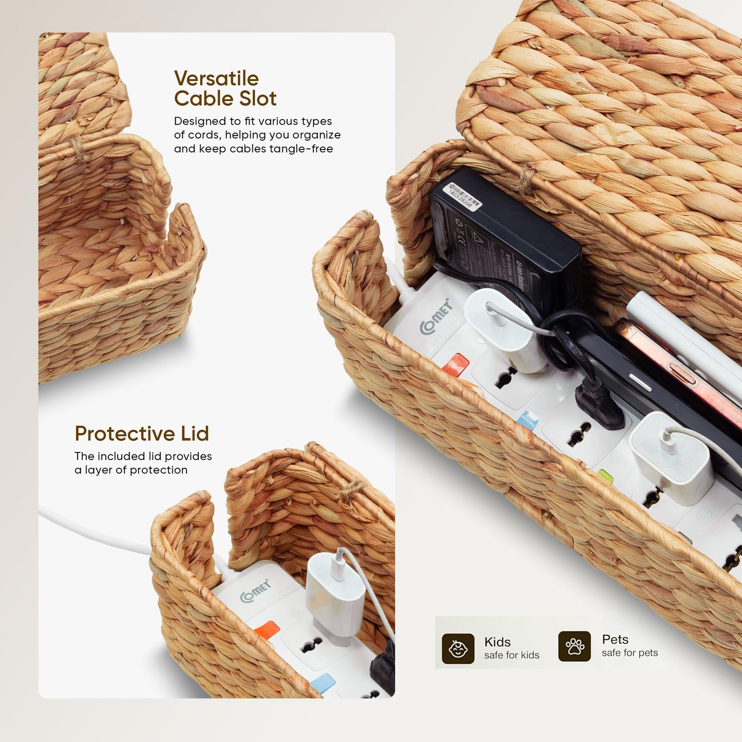 Cable Management Box, Water Hyacinth Organizer Box, Durable Rattan Cable Organizer, with 2 Open Slots for Home Office Desk Computer TV Wires USB Hub