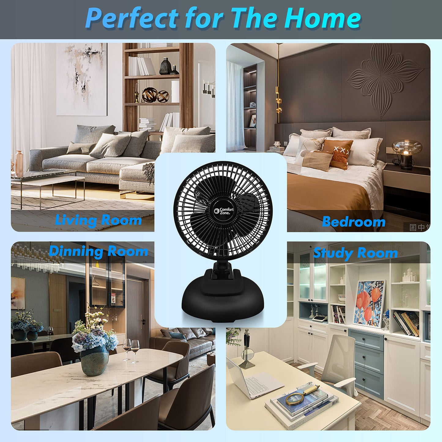 Comfort Zone CZ6XMBK 6” 2-Speed Combo Clip or Desk Fan with Removable Base, Strong Clamp for Firm Grip, Suitable for Bedroom, Office, or Dorm Room