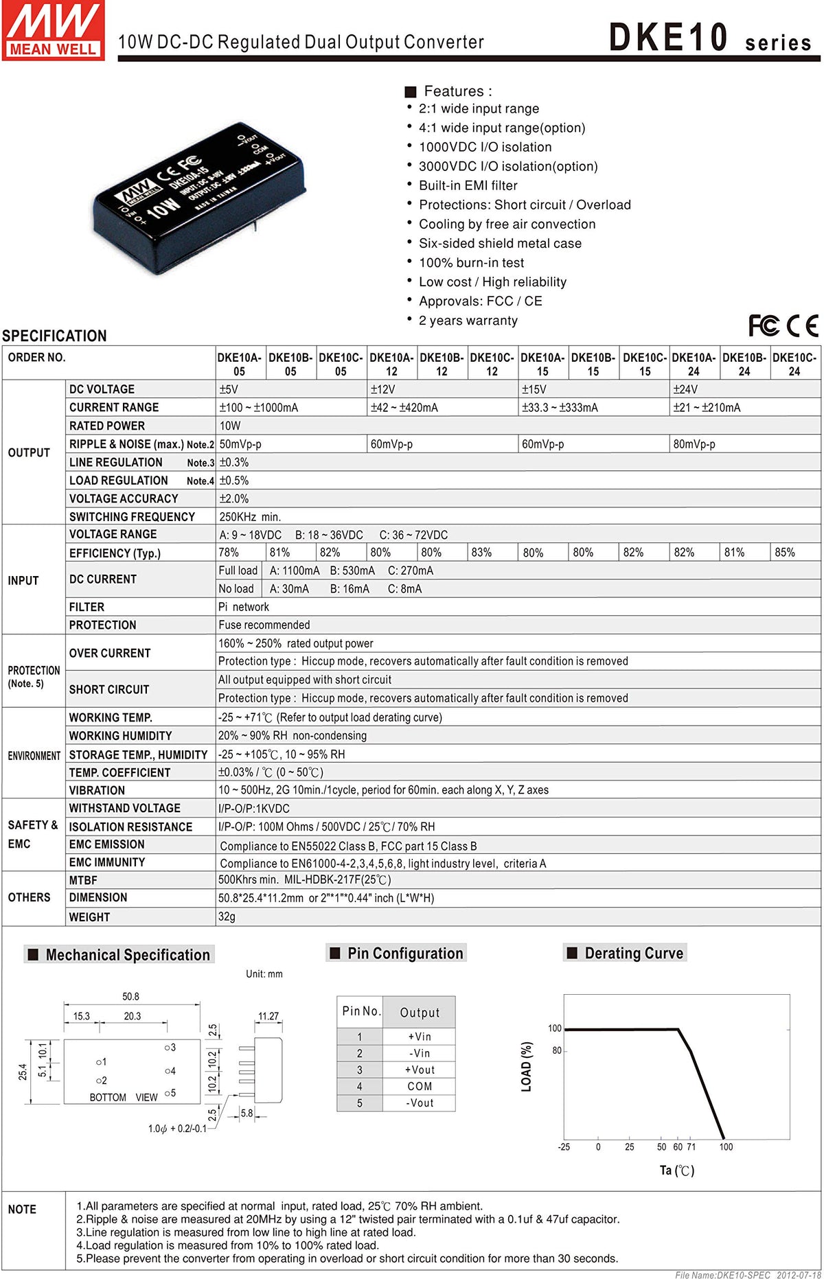 MEAN WELL DKE10A-05 -/+5V -/+100~-/+1000mA 10W DC-DC Regulated Dual Output Converter DC/DC Converter
