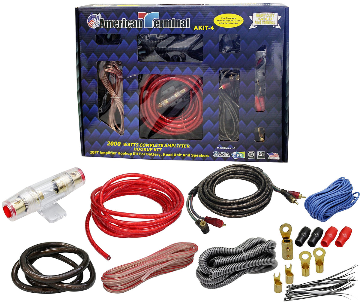 American Terminal AKIT-4 4 Gauge 2000W P.M.P.O Complete Amplifier Hookup Kit