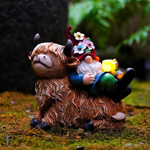 Pohabery Garden Gnomes Decor Outdoor Statues Gnome on Highland Cow Hold Solar Cup Light Outdoor Decorations for Patio,Yard and Gift for Mom?L