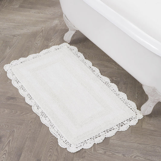 Laura Ashley Absorbent Bath Mat Reversible Crochet Soft and Plush Bathroom Mat 100% Cotton 24x40 Bath Rug, White