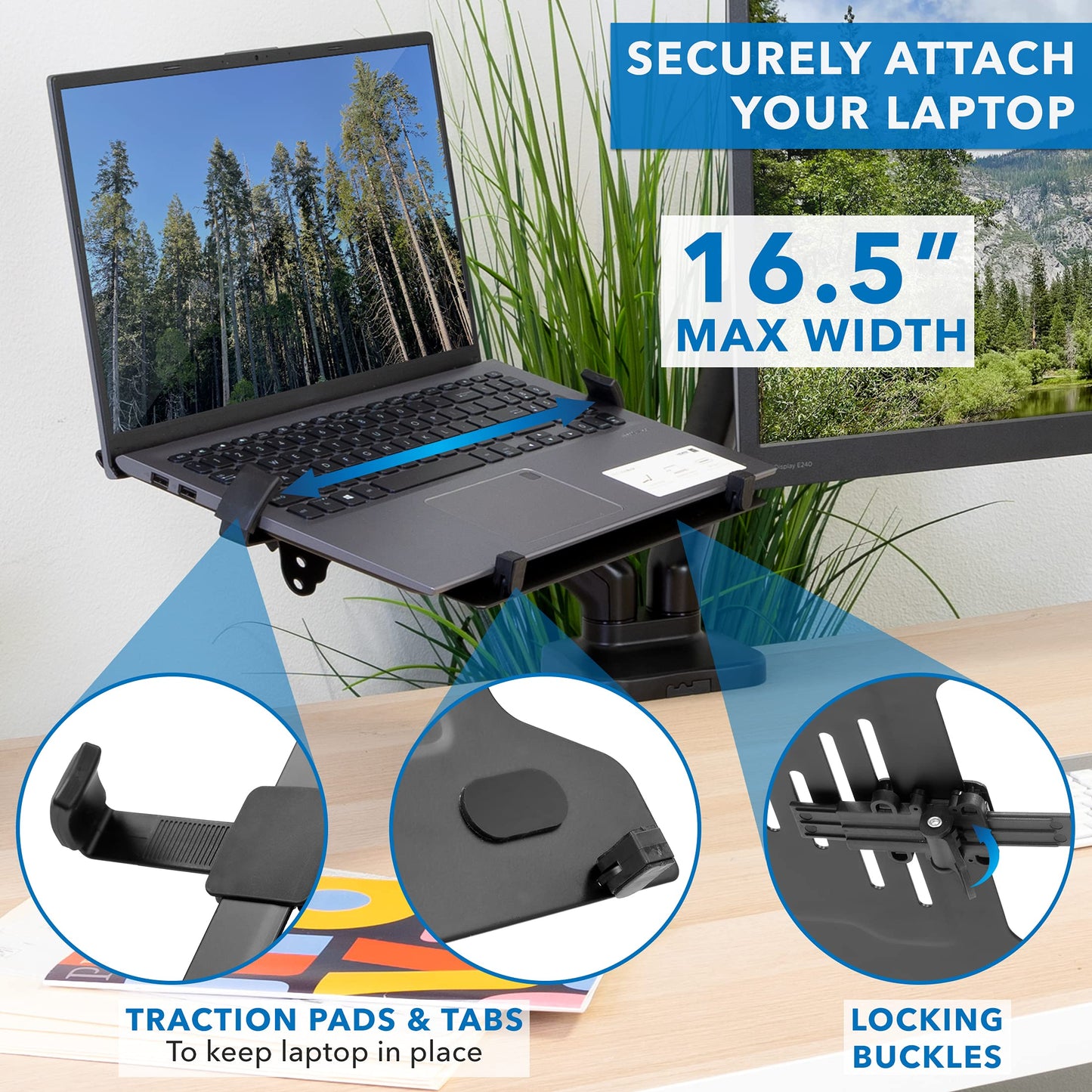 Mount-It! Monitor and Laptop Desk Mount, Height Adjustable Dual Arm Stand with Vented Laptop Tray, Fits Laptops up to 17 Inch and 13-27 Inch Monitors