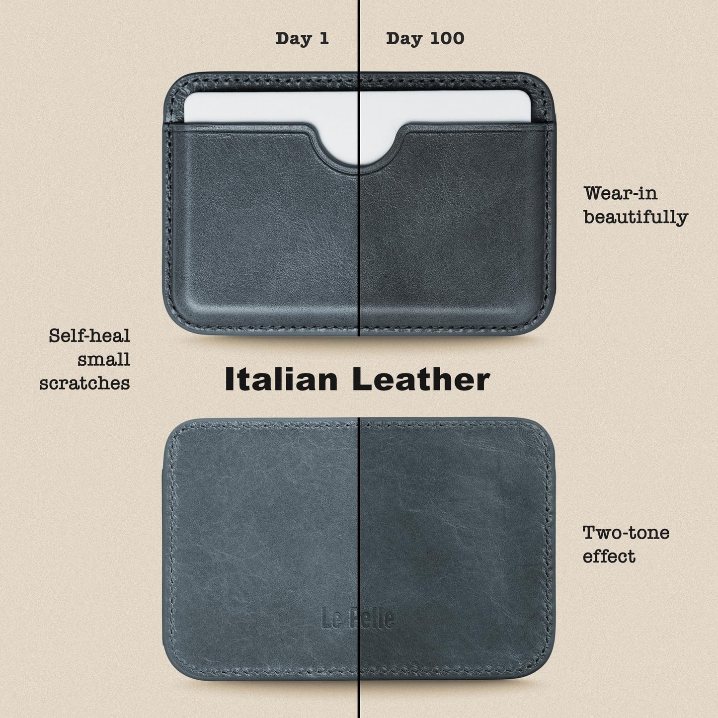 Le Pelle - Handcrafted Italian Leather Card Wallet - [Compatible with MagSafe] - [Slim and Strong Magnetic] - [2-Card Holder] - for iPhone
